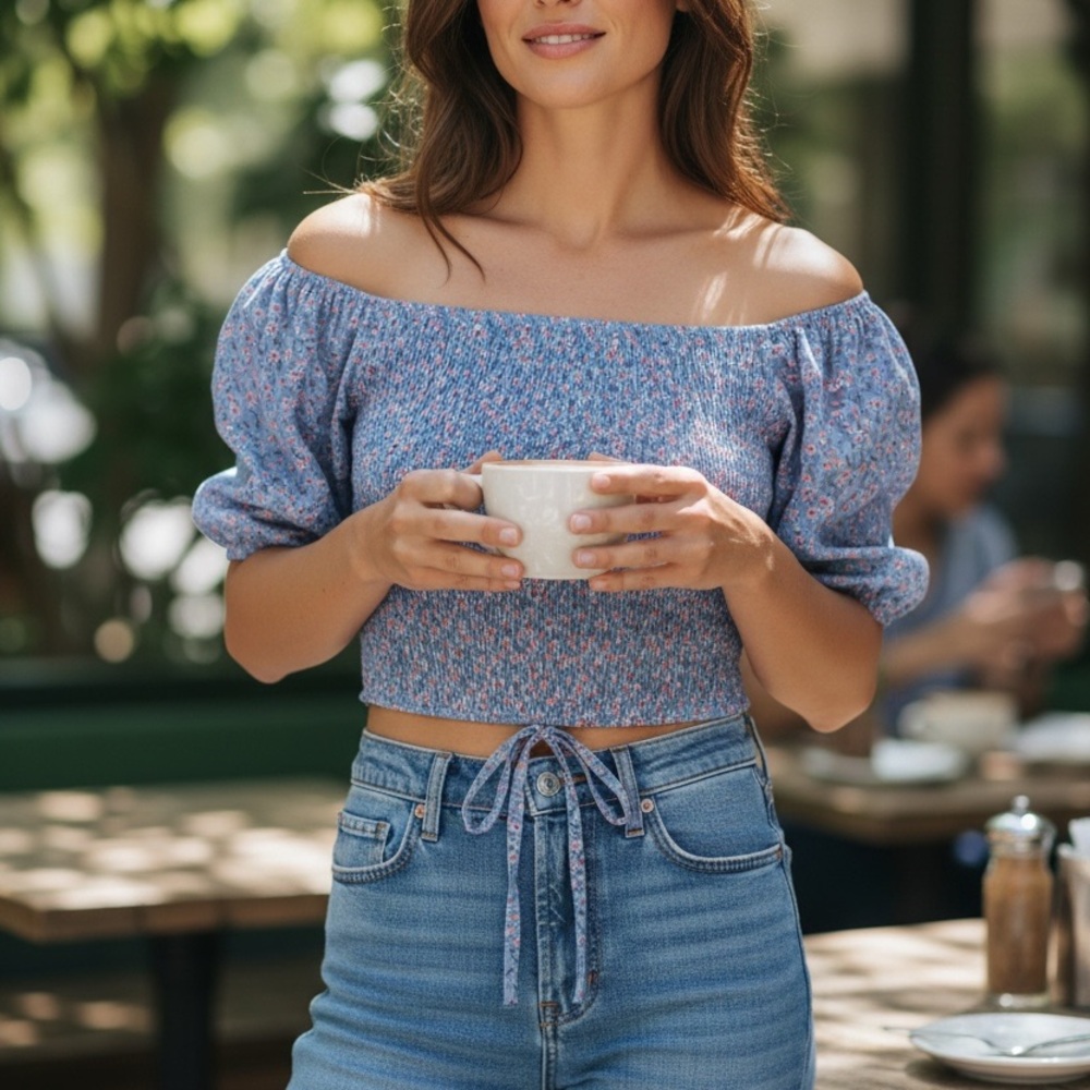 Lulus Smocked Elastic Crop Top With Puff Sleeves, Off Shoulder, Size M, Peasant